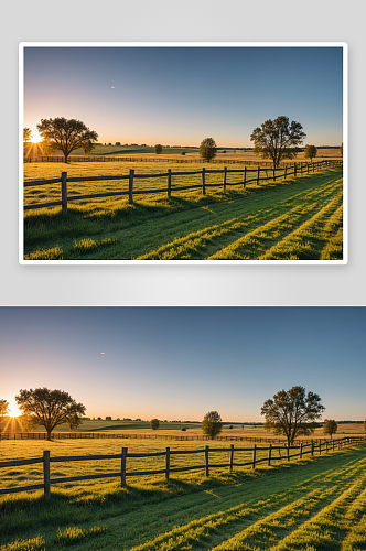 日落时农村空马用围栏放牧牧场高清特写图片