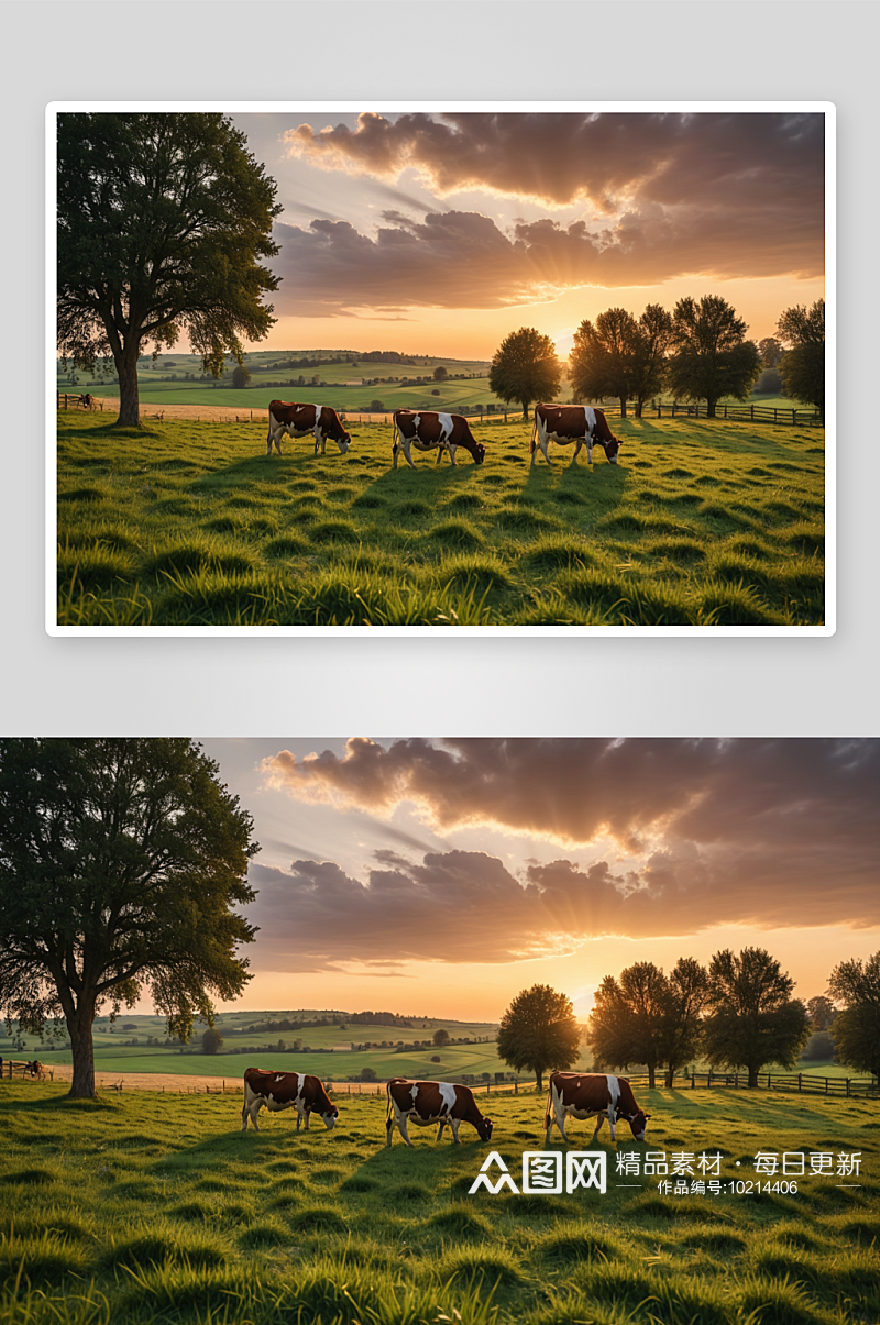 日落时分农舍牧场吃草奶牛高清特写图片素材
