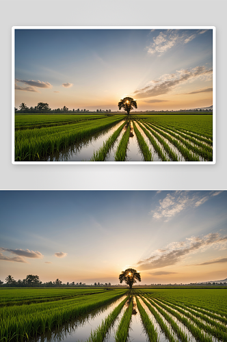日落前种植水稻高清特写图片