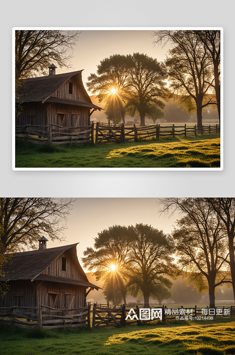 日出时旧木制农场建筑高清特写图片素材