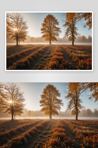 秋天雾田野树木对天空雾天高清特写图片
