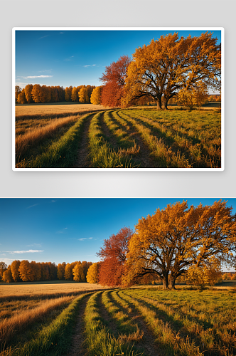 秋天天空映衬着田野树木高清特写图片