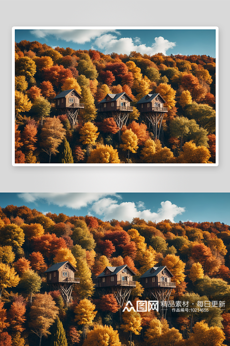 秋天树木房屋映衬着天空高清特写图片素材