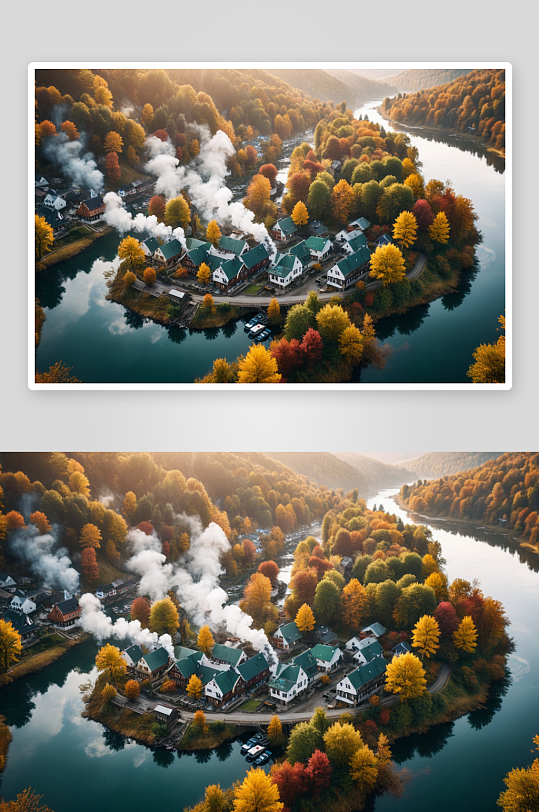 秋天河边村庄被绿树环绕冒烟高清特写图片