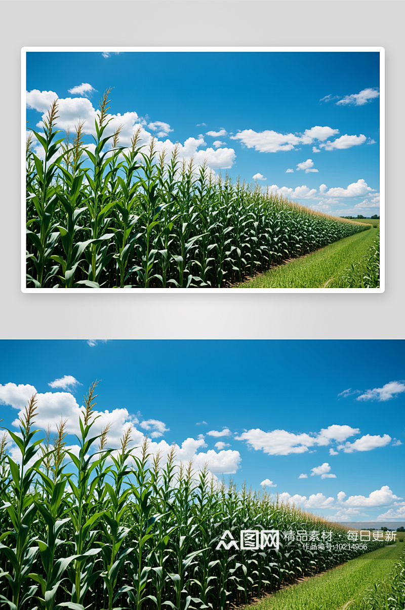 晴空万里玉米地蓝天白云玉米树高清特写图片素材