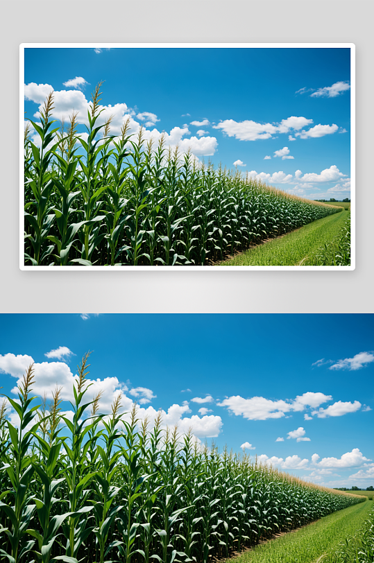 晴空万里玉米地蓝天白云玉米树高清特写图片