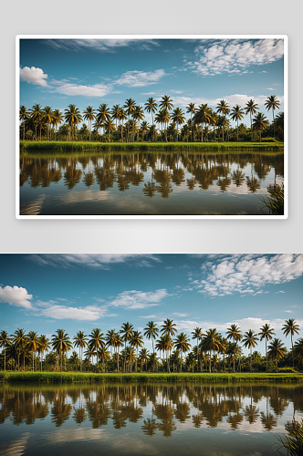 农田里风景天空湖边棕榈树风景高清特写图片