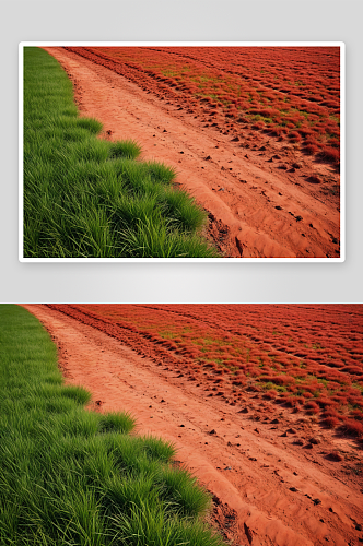 农舍院子里绿草红色沙漠形成高清特写图片