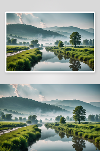 农村田园河流烟雾弥漫风景图高清特写图片
