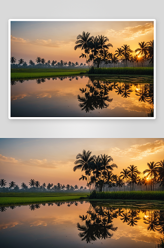太阳升起时稻田里水反射高清特写图片