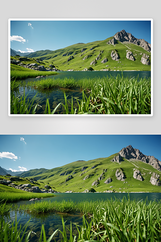山下湖绿草很美高清特写图片