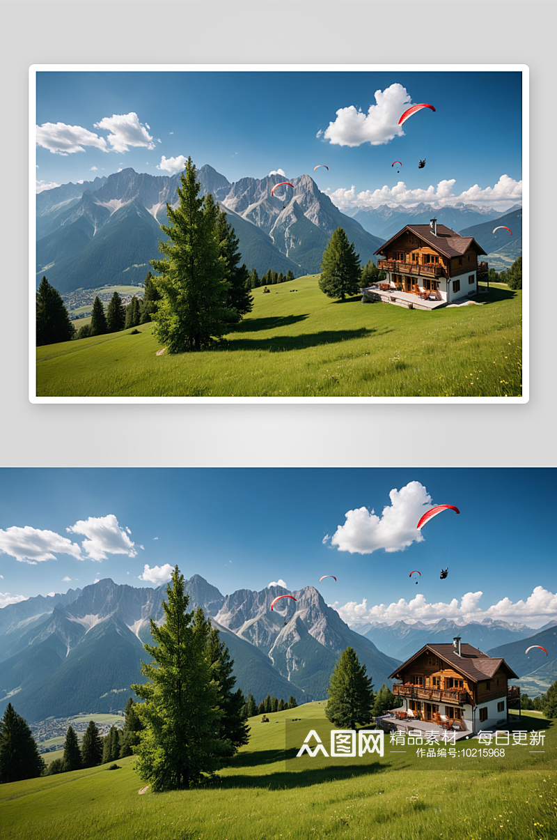山滑翔伞度假木屋高清特写图片素材