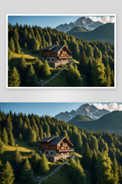 山顶森林旁小木屋高清特写图片
