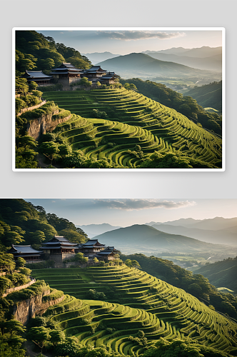 山吹朝雾梯田高清特写图片