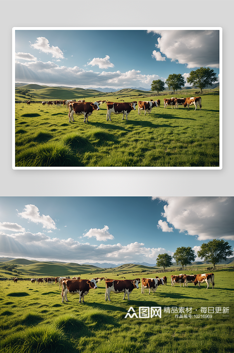 天空牧场吃草奶牛全景高清特写图片素材
