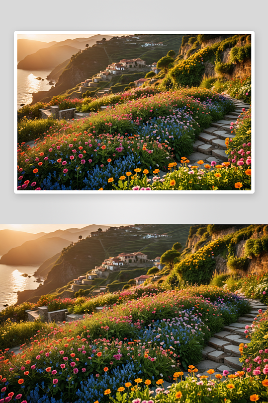 梯田花海日出高清特写图片