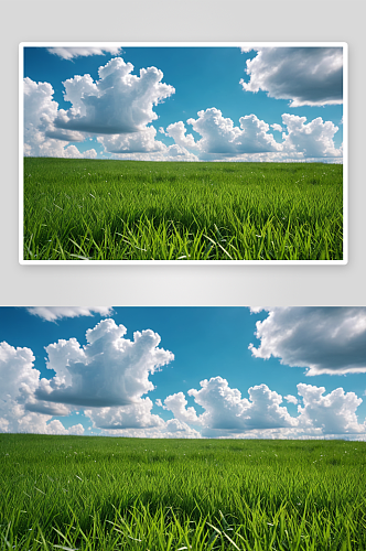 阳光白云下绿色草地高清特写图片