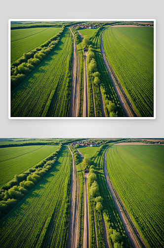 乡村景观鸟瞰图小道路农田春天高清特写图片