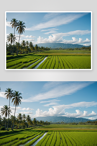 乡村风景中棕榈树环绕稻田高清特写图片