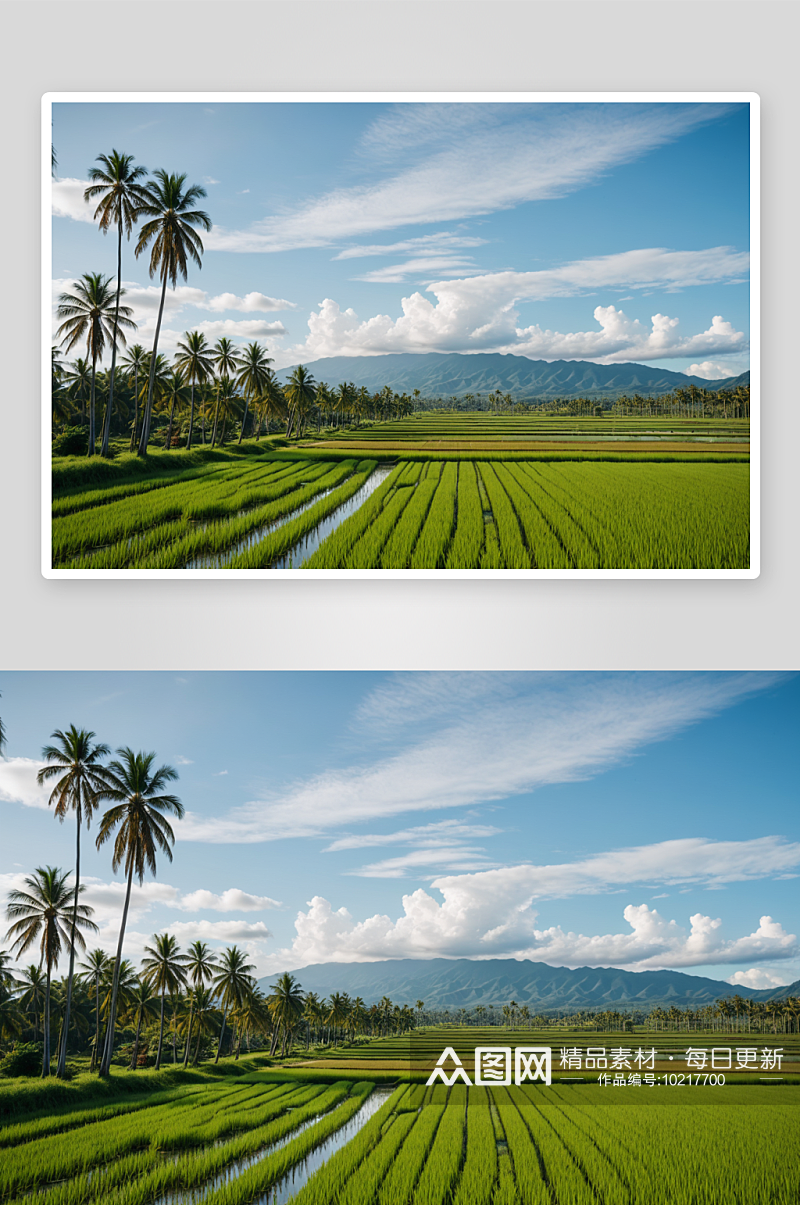 乡村风景中棕榈树环绕稻田高清特写图片素材