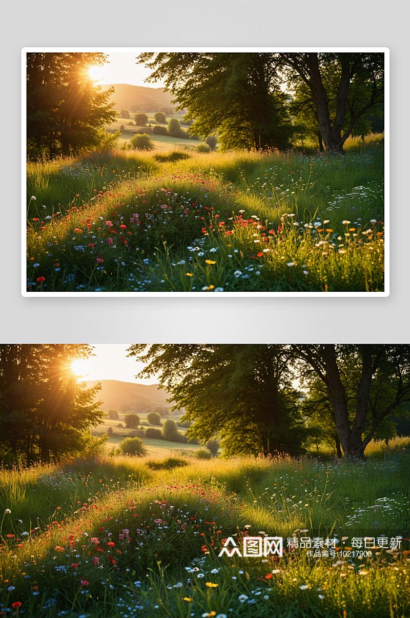 夏日里傍晚阳光照开满鲜花草地高清特写图片素材