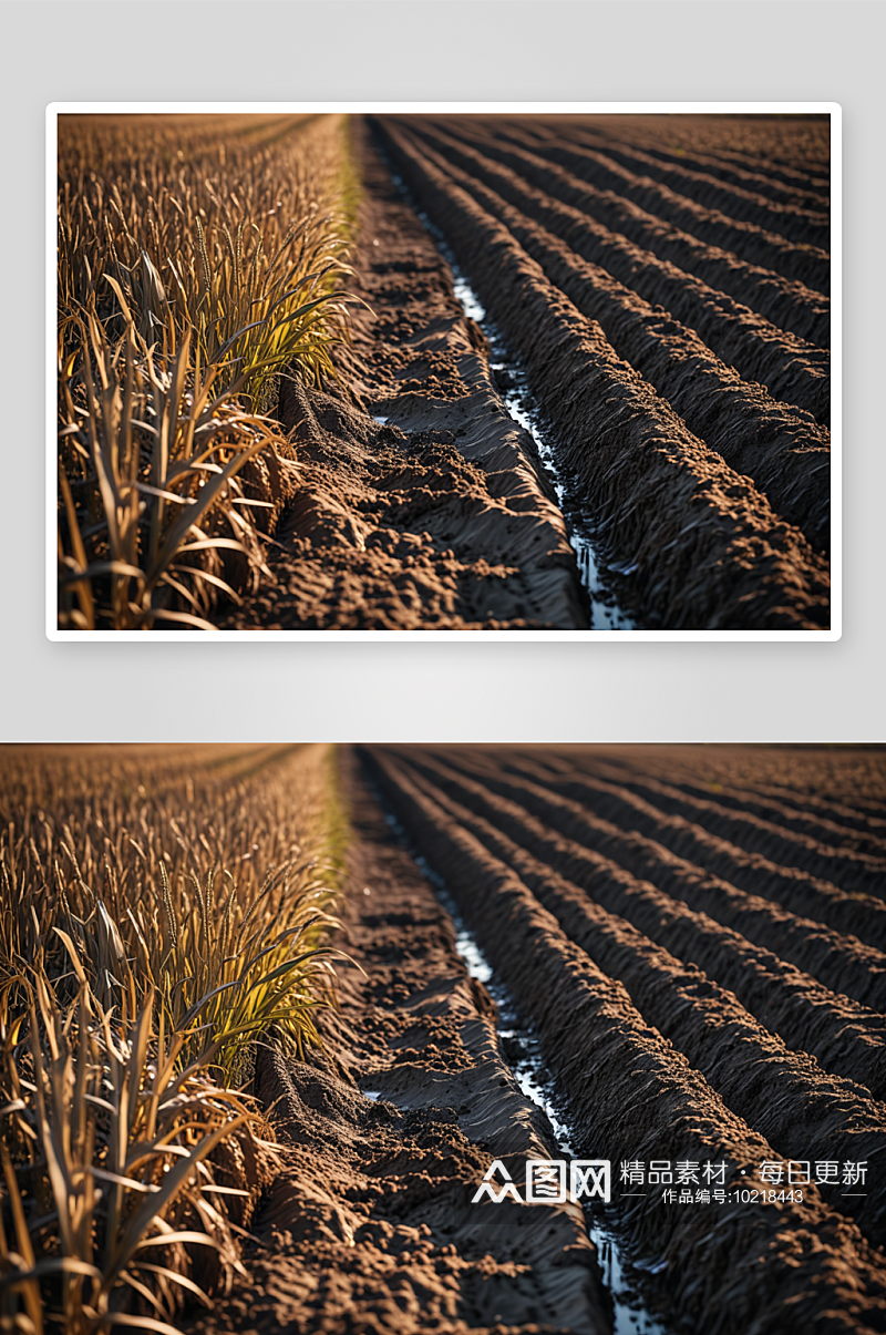 玉米田包围排水沟高清特写图片素材