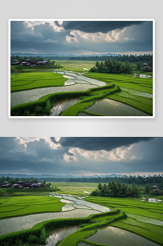 雨季后稻田俯瞰图高清特写图片