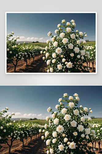 一棵白玫瑰树生长葡萄园里高清特写图片