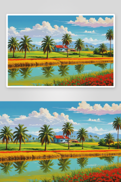 农田里风景天空湖边棕榈树风景图片