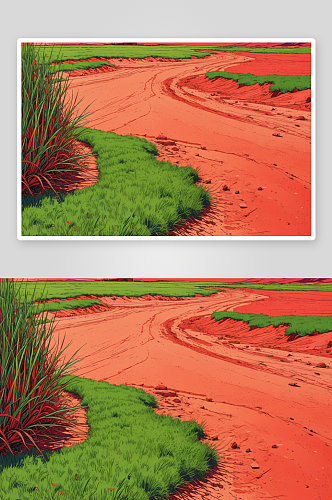 农舍院子里绿草红色沙漠形成图片