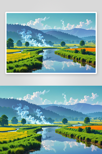 农村田园河流烟雾弥漫风景图图片