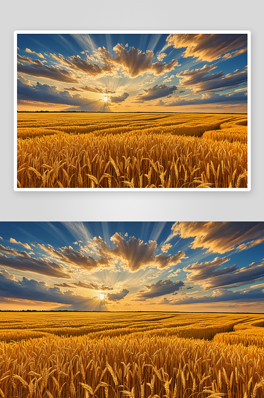 成熟黄色黑麦田美丽夏日夕阳下天空云彩图片