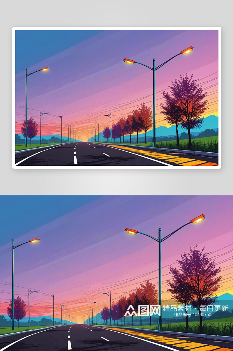晨曦中一段带有太阳能路灯沥青马路图片素材