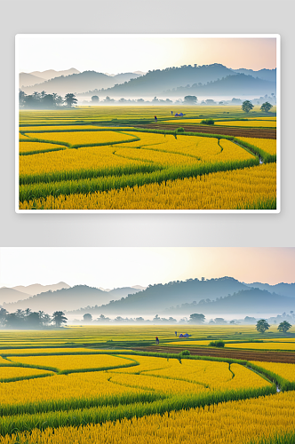 晨雾稻谷开始变黄准备收割了图片