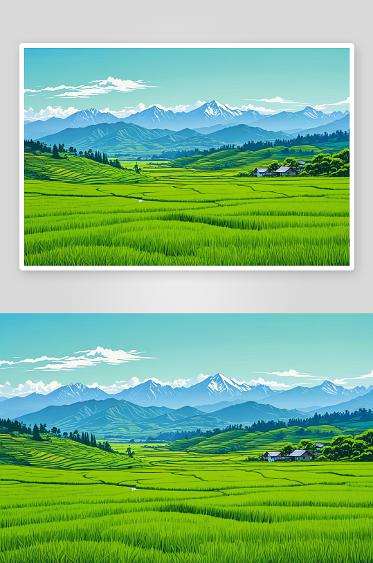 绿色稻田远处山脉田园风光图片