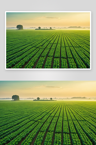 绿色成熟大豆田农业景观图像雾蒙蒙晨光图片