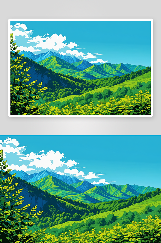 旅游背景绿色树叶山峰蓝天图片