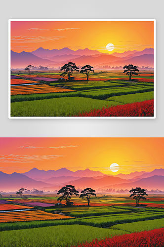 太阳升起时收割后稻田图片