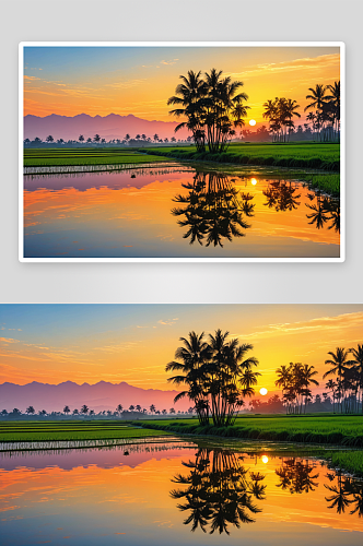 太阳升起时稻田里水反射图片
