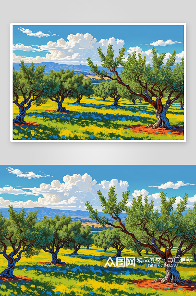 橄榄树花园草地阳光蓝天白云图片素材