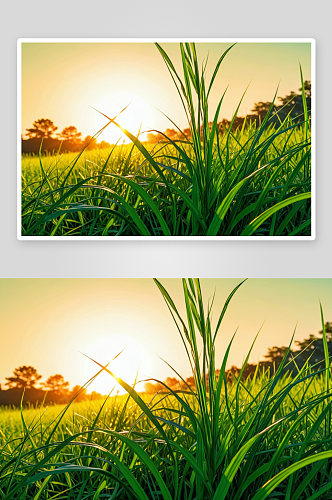 背景中绿色草地升起太阳特写图片
