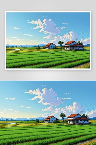 房子后面稻田图片