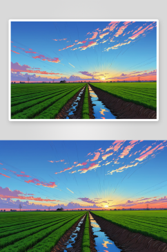 排水系统日落时天空农田风景图片