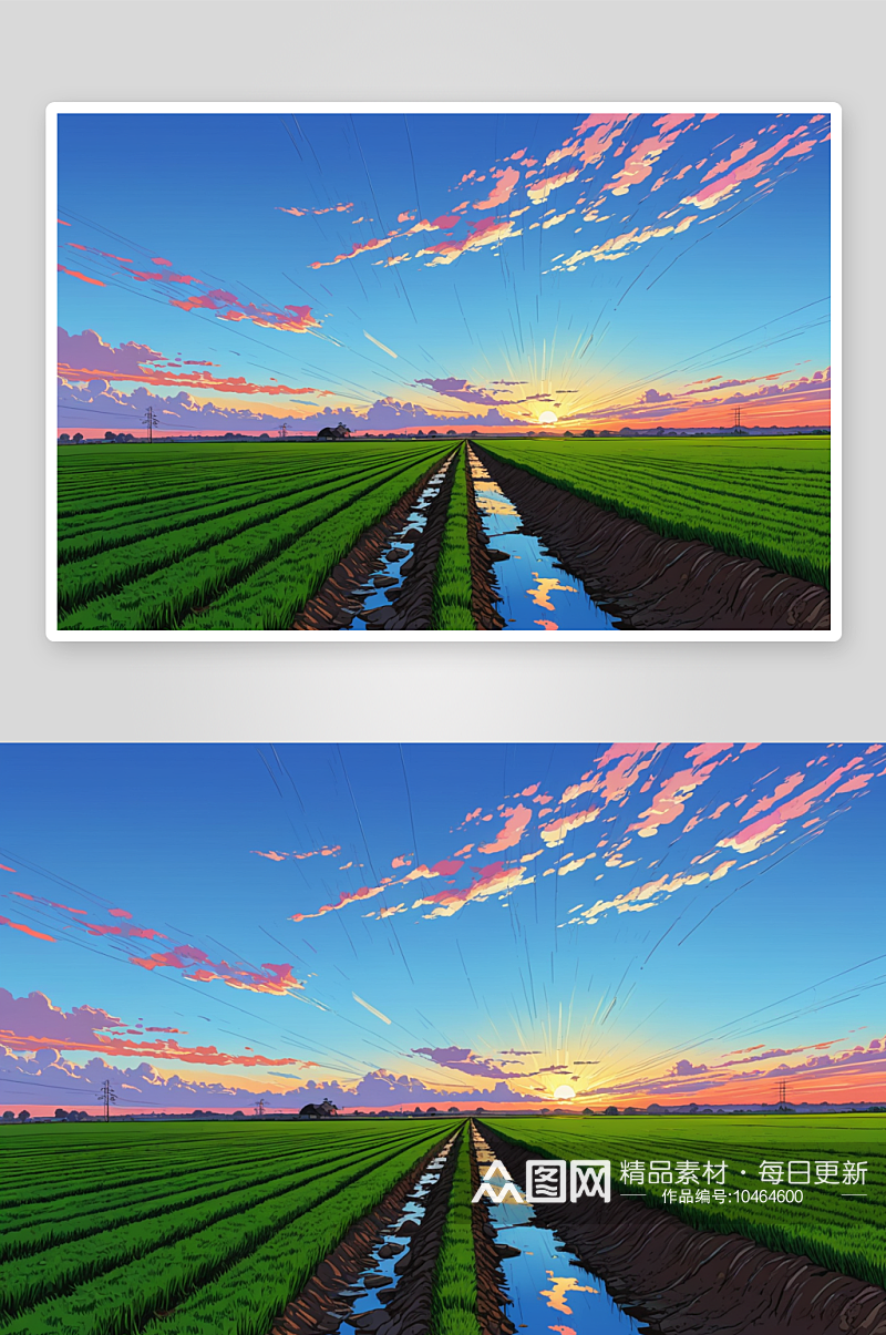 排水系统日落时天空农田风景图片素材