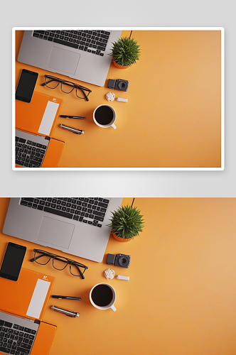 橙色办公桌笔记本电脑办公用品俯视图图片