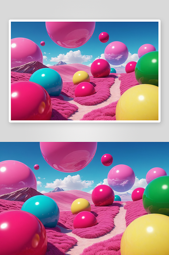 超现实数字景观创作粉红色山丘彩色球图片