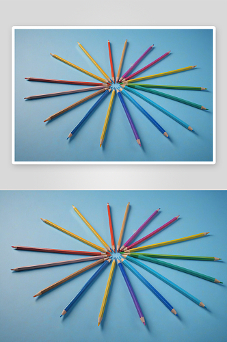 彩色铅笔几何线条创意摆拍蓝色背景图片
