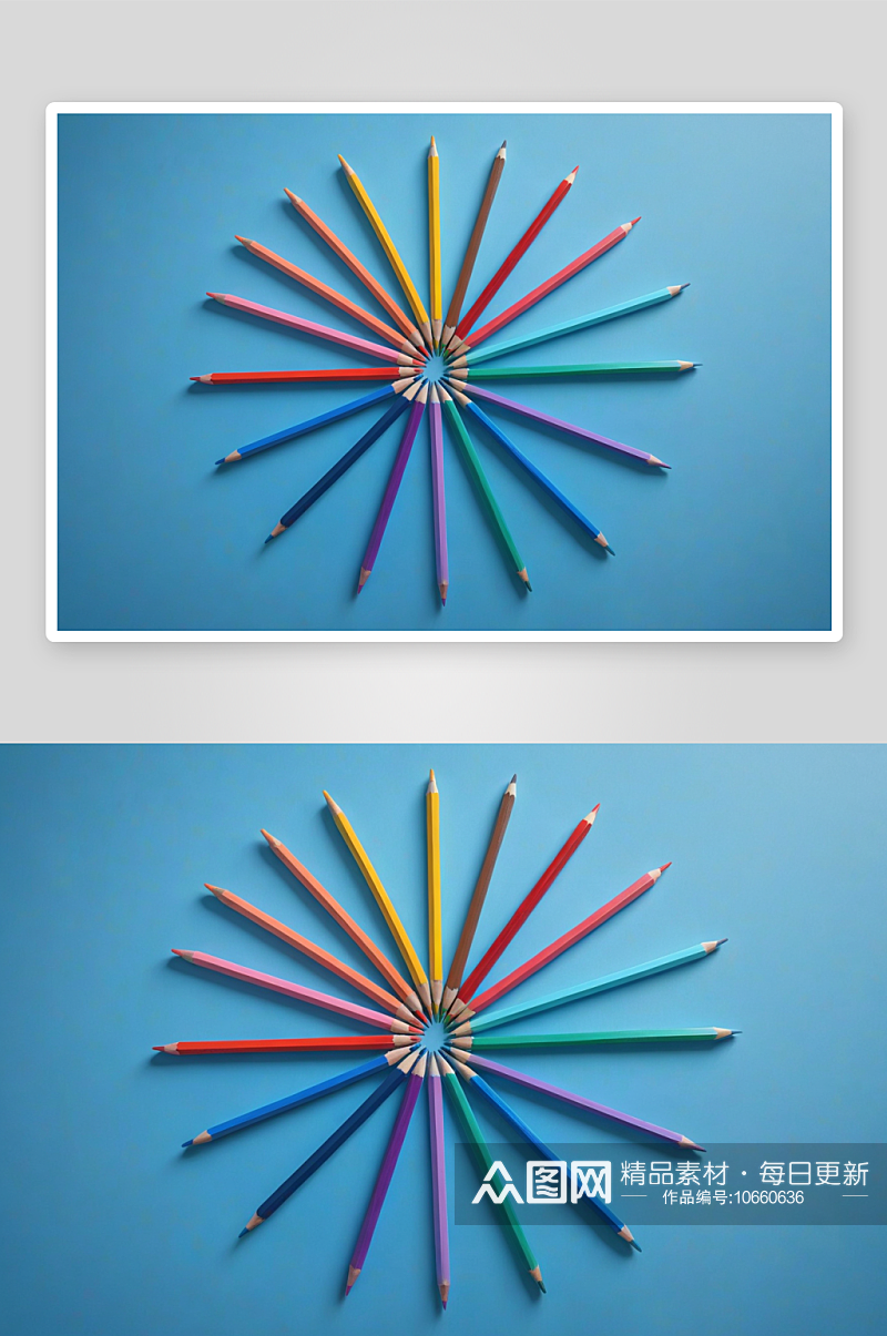 彩色铅笔创意摆拍圆形蓝色背景几何图形图片素材