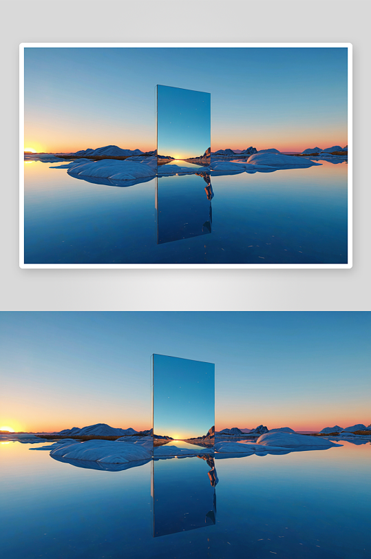 玻璃镜面方形巨石景观日落图片