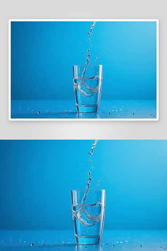 玻璃杯里洒点水两滴水碰撞效果蓝色背景图片
